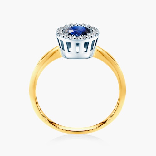 Pierścionek zaręczynowy SAVICKI: dwukolorowe złoto, niebieski szafir, diamenty